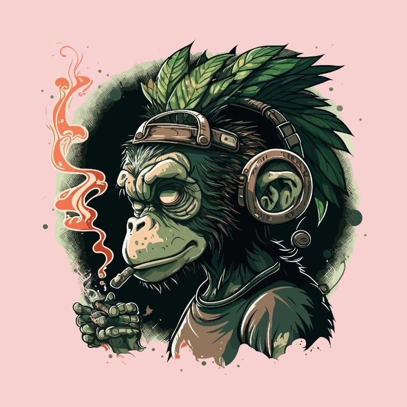 Gorilla mit Kopfhörern und Rauch
