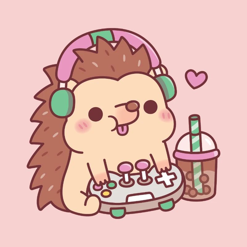 Cute Hedgehog With Game Controller And Boba Tea