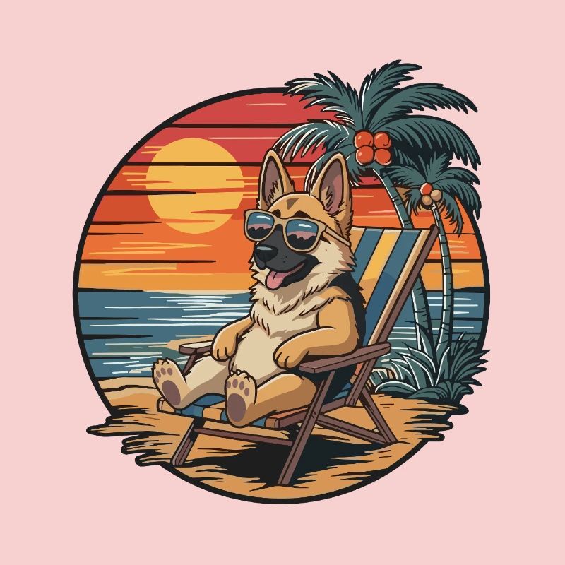 Funny German Shepherd Dog on Beach Summer Sunset