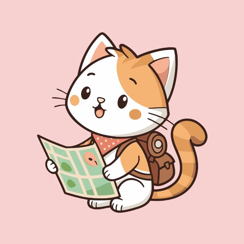 Kawaii explorer cat reading card