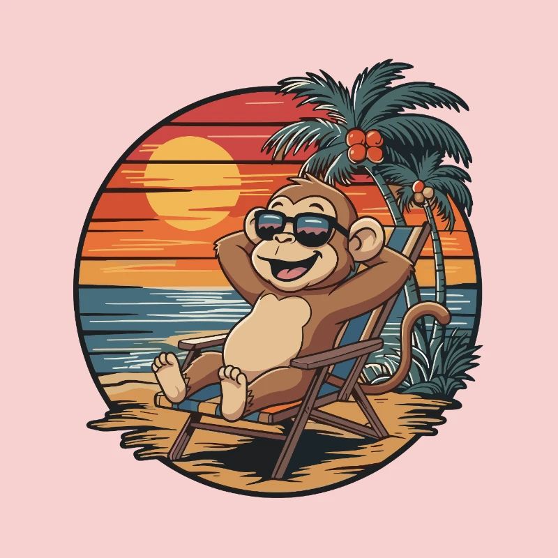 Singe drôle sur la plage Coucher de soleil des vacances d’été