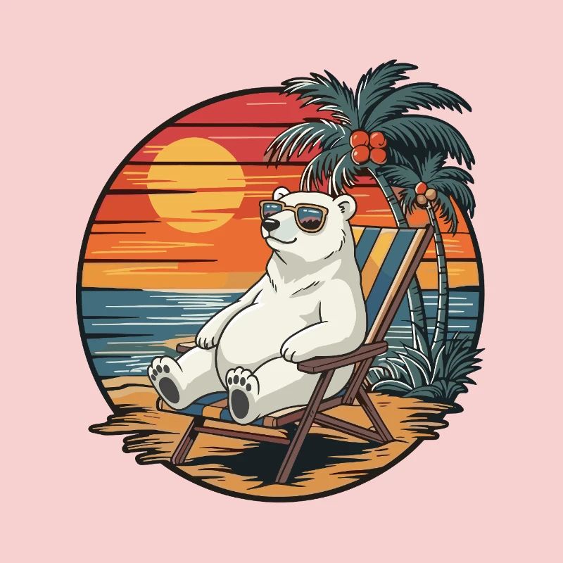 Funny Polar Bear on Beach Summer Vacation Sunset