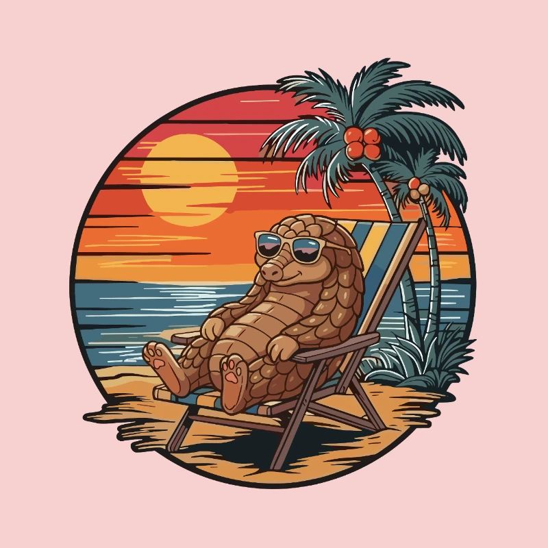 Funny Pangolin on Beach Summer Vacation Sunset
