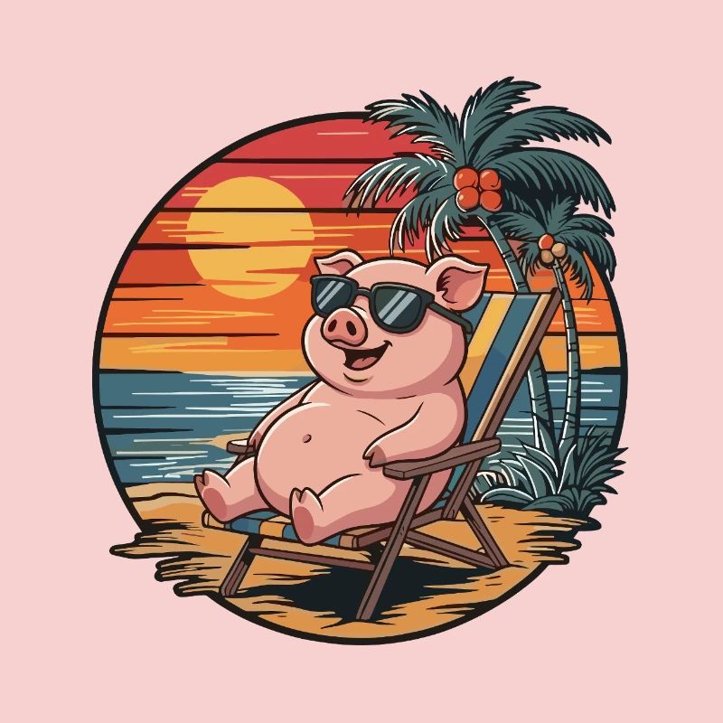 Funny Pig on Beach Summer Vacation Sunset