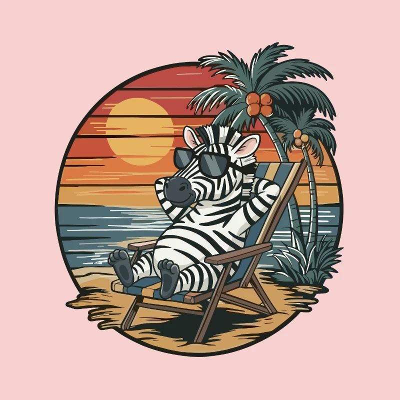 Funny Zebra on Beach Summer Vacation Sunset