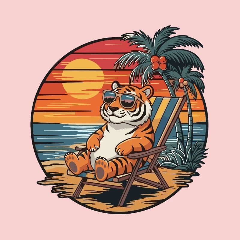 Funny Tiger on Beach Summer Vacation Sunset