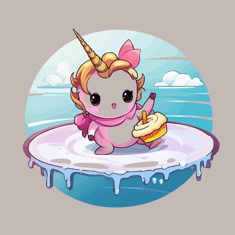 Licorne sur une planche de surf avec cupcake