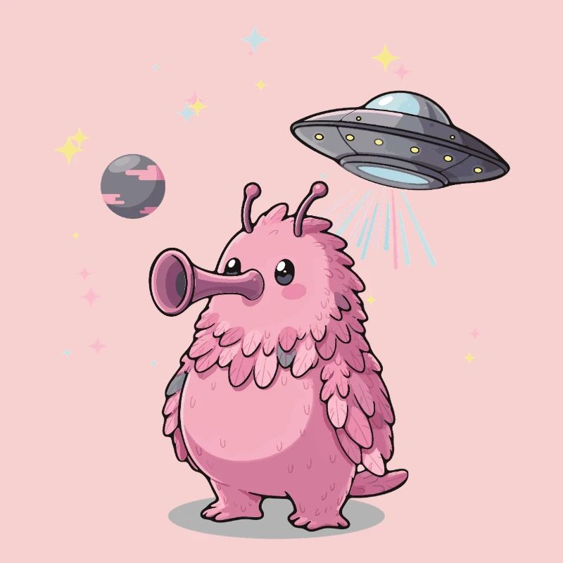 Mignon extraterrestre rose avec un OVNI dans l’espace