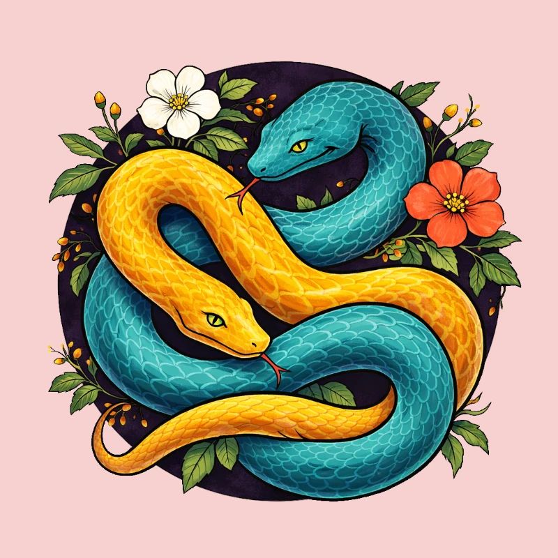 Deux serpents python dans l’anneau fleuri