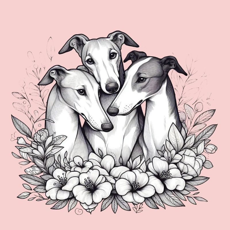 Trois lévriers dans un cercle de fleurs