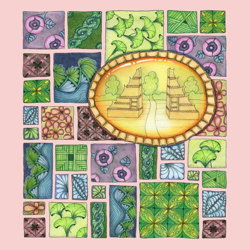 Temple de Bali sur patchwork de motifs