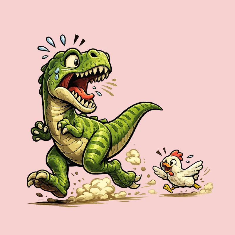 Comic-Raptor-Dinosaurier auf der Flucht vor einem Huhn