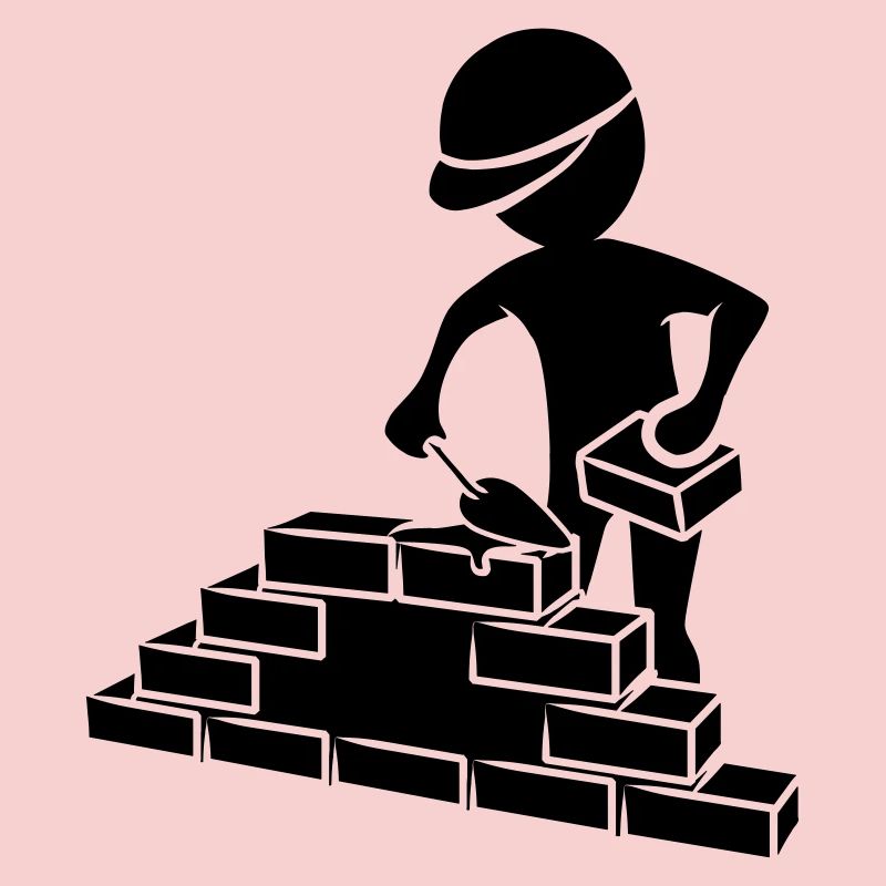 Construction workers with mason trowel, mortar and wall