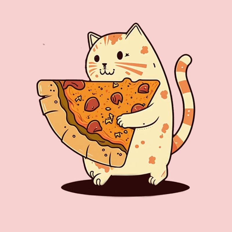 Le chat porte une tranche de pizza