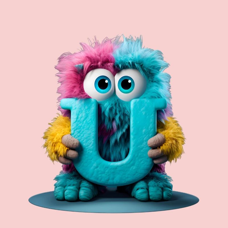 Monstre multicolore tenant la lettre U