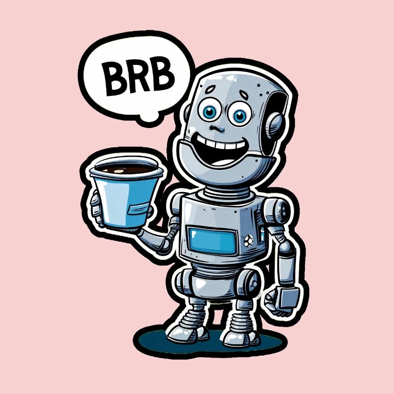Funny robot with coffee and set BRB