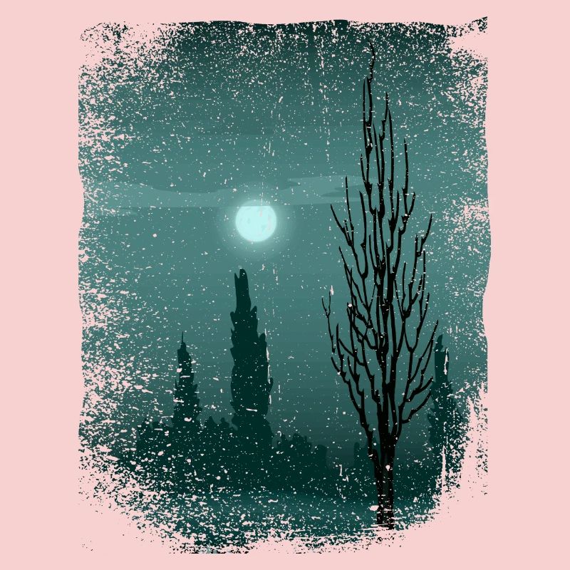 Moon shimmers on trees