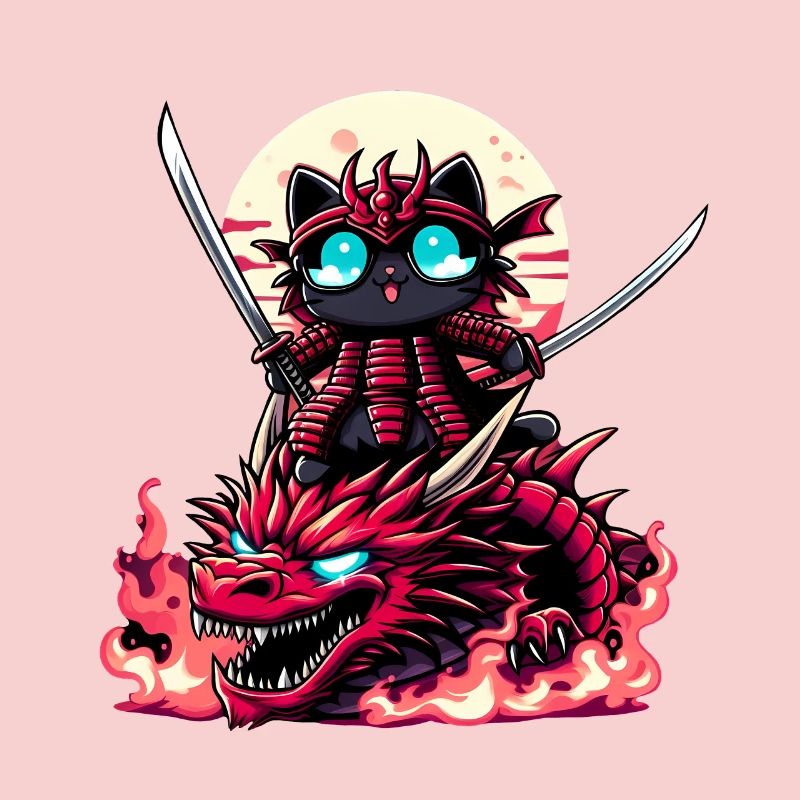 Chat samouraï avec épée sur dragon dans une bataille épique 3D