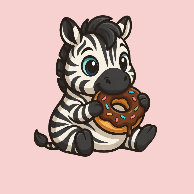Cute zebra eating a donut with chocolate