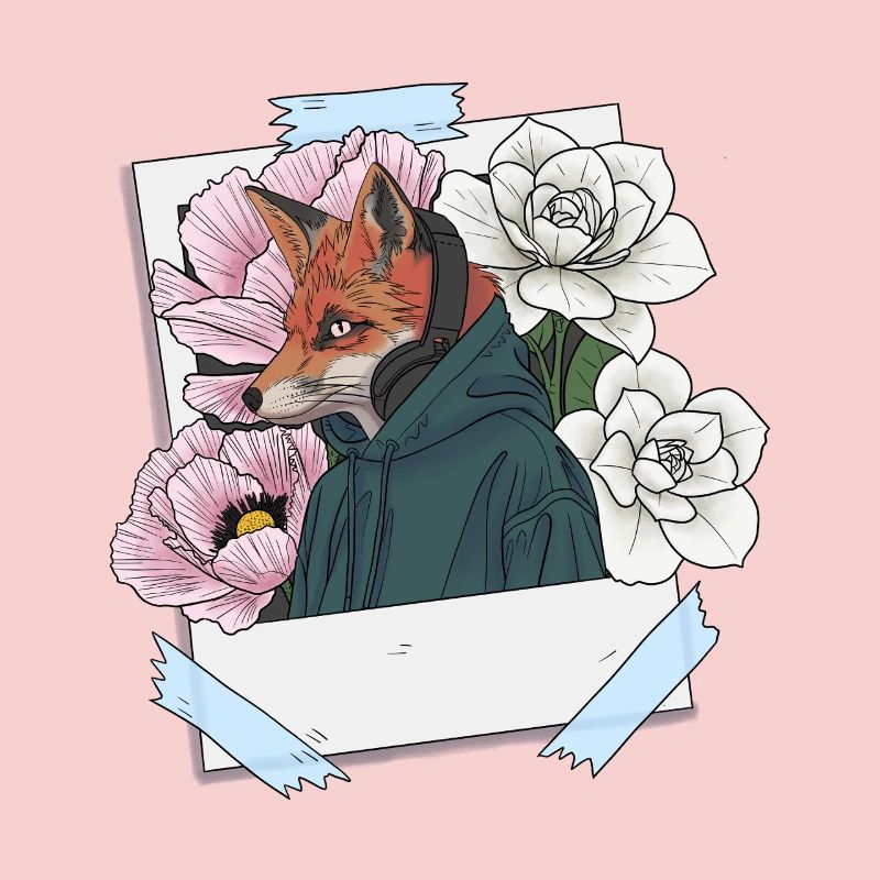 Fuchs mit Kopfhörern und Blumenthema