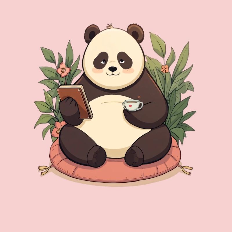 Panda reading with tea