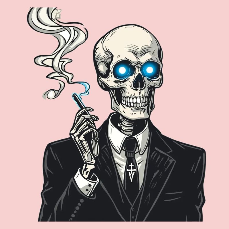 Skeleton in suit smoking cigar