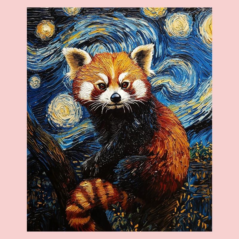 Red Panda Bear Van Gogh Style Starry Night