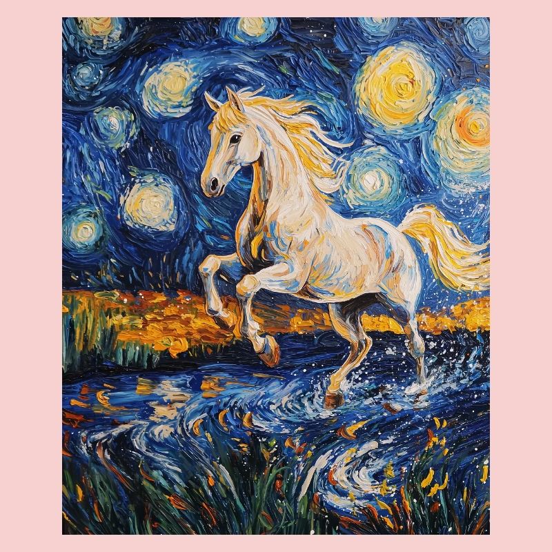 Cheval Chevaux Cavalier Style Van Gogh Nuit étoilée