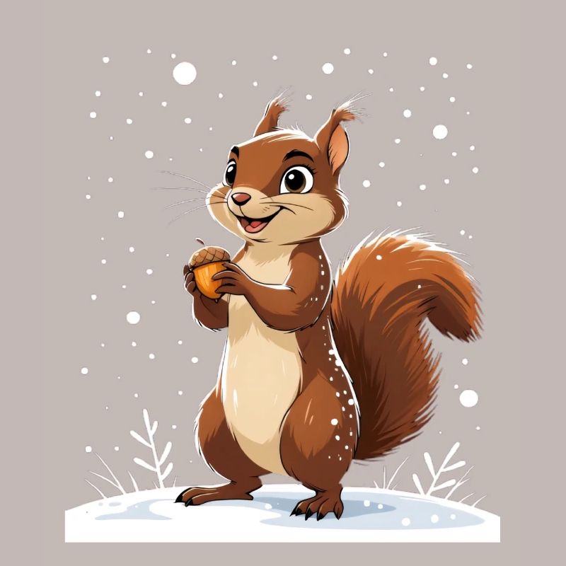 Winterliches Eichhörnchen mit Eichel