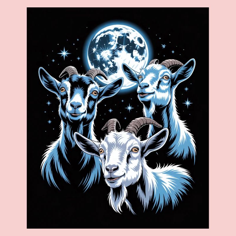 Three goats under full moon night sky