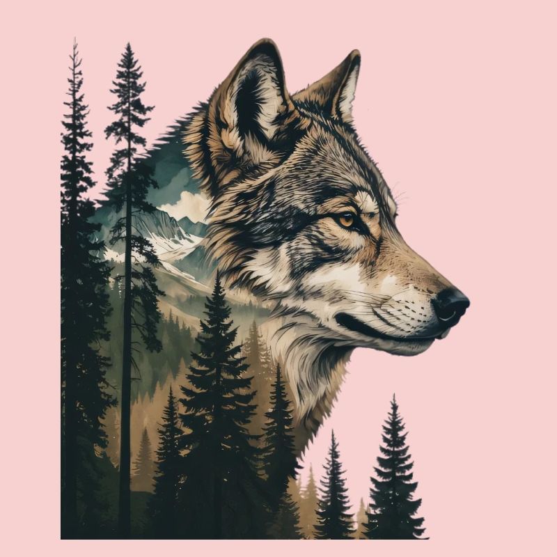Forest Wolf Portrait with Mountains