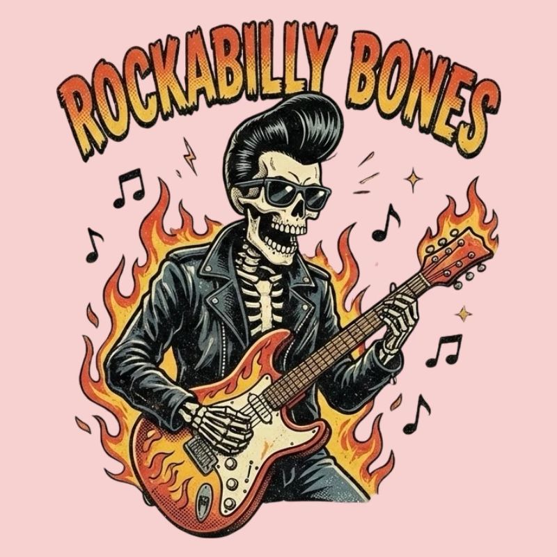 Rockabilly Bones – Squelette rétro de bande dessinée avec brûlure