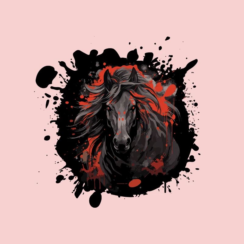 Cheval noir avec des éclaboussures rouges