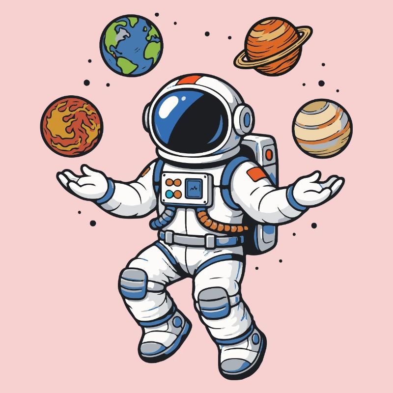 Schwebender Astronaut mit Planeten im Comic Stil