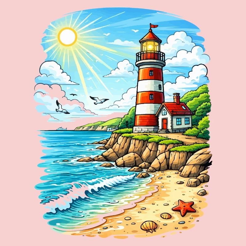 Lighthouse on sunny coastal beach