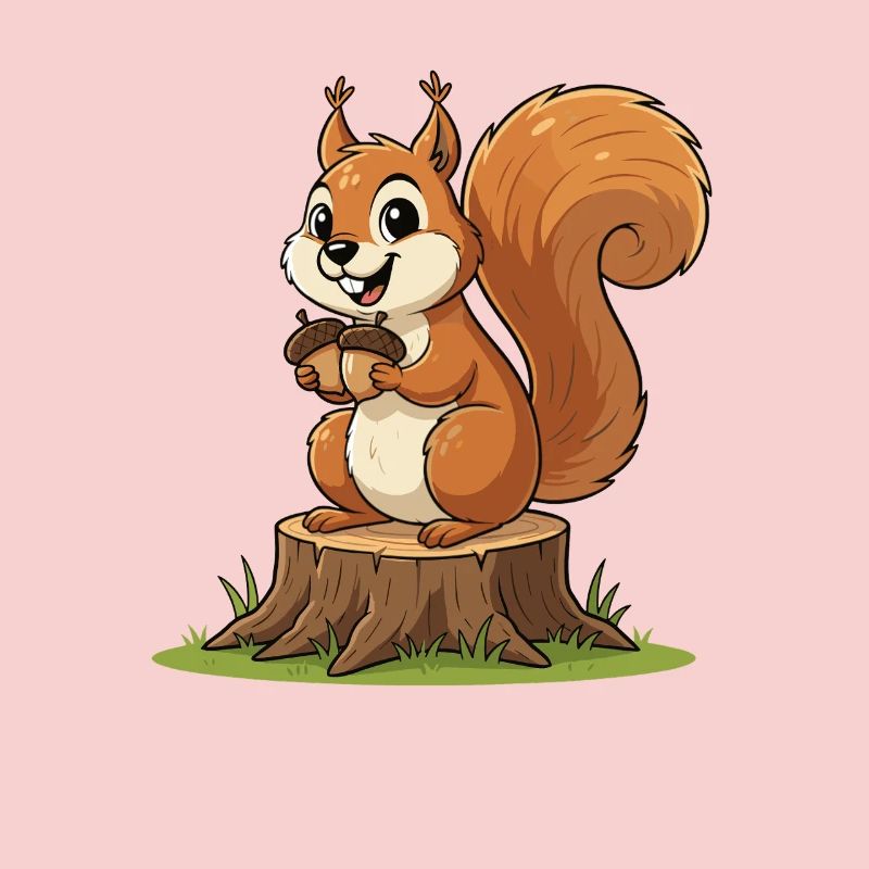 Eichhörnchen am Baumstumpf mit Eichel