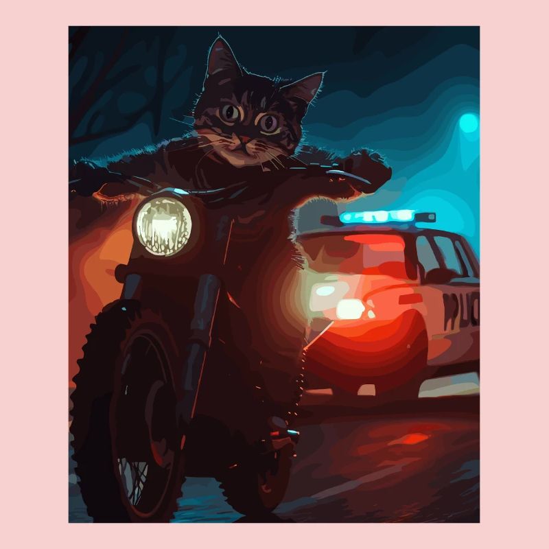 Night Cat on Motorcycle Noir