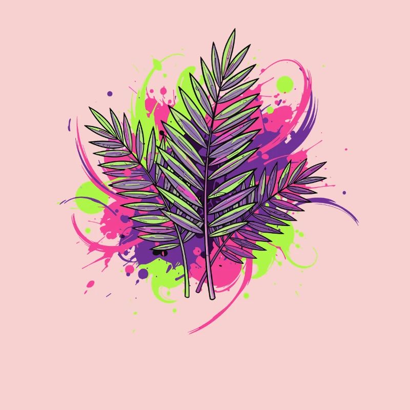 Neon Tropical Leaf with Paint Splashes