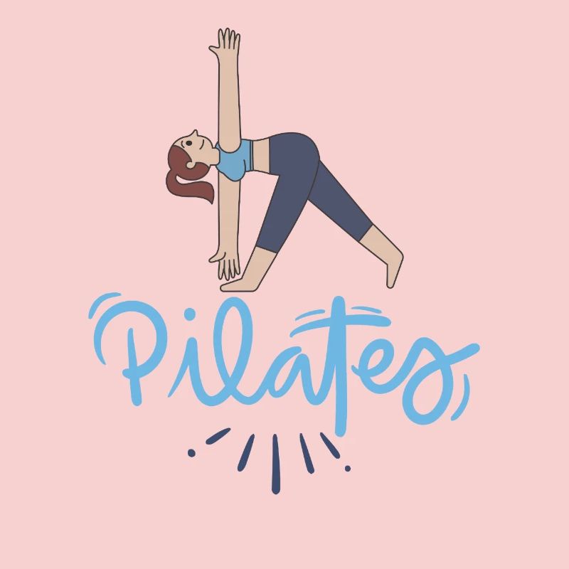 Pilates-Pose und blaue Buchstaben