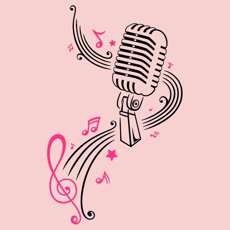 Retro microphone with music notes and clef.