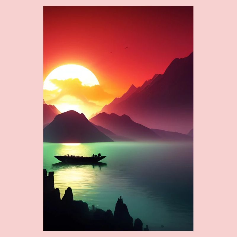 Landschaft mit See, Boot und Berge