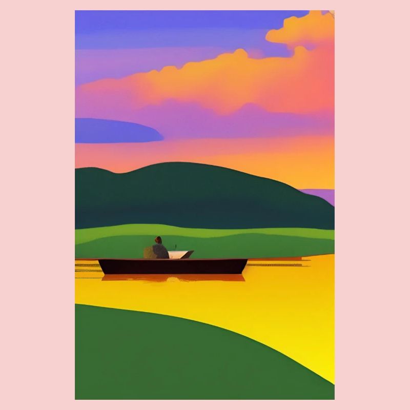 Landschaft mit See, Boot und Berge