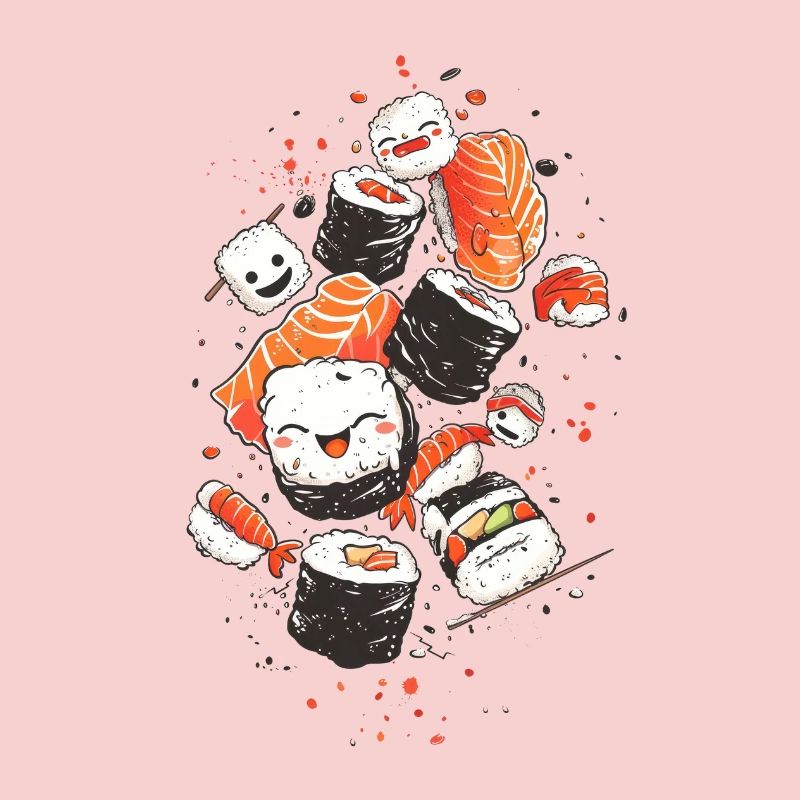 Adorable Sushi Characters with Vibrant Background