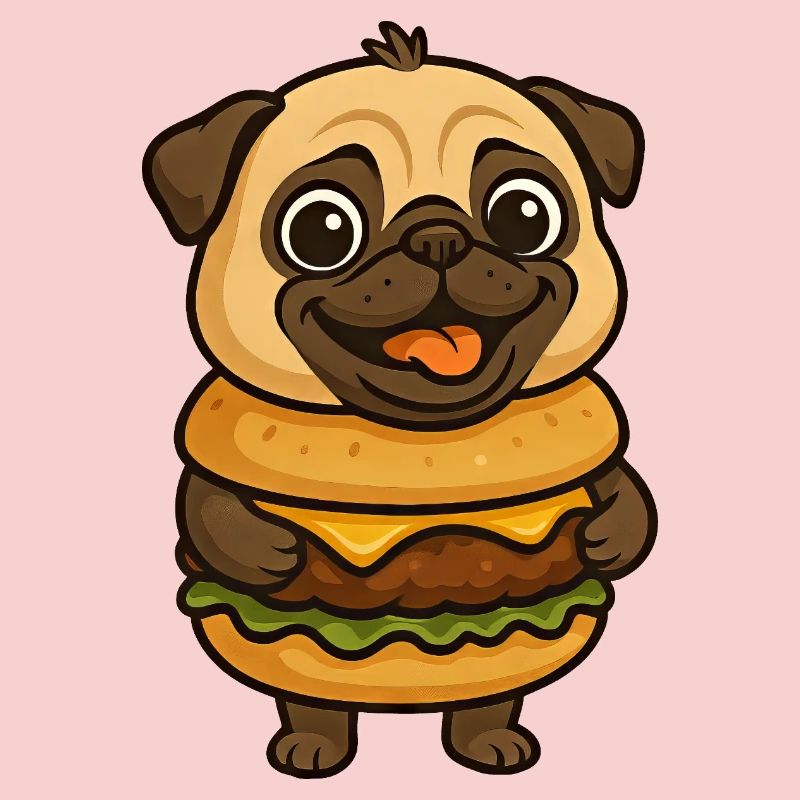 Lustiger Mops mit Hamburger Cheeseburger Fabeltier