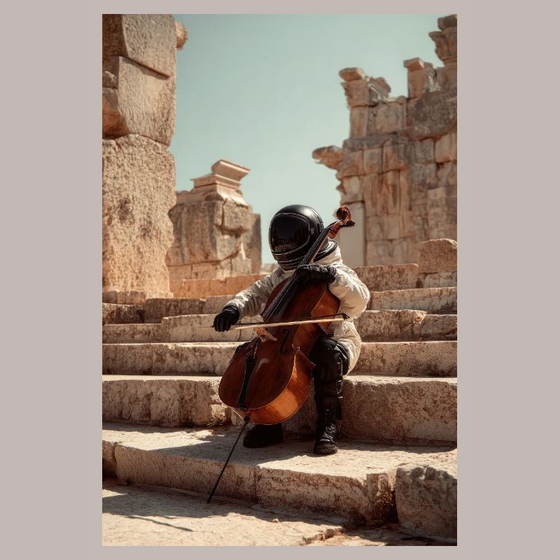 Futuristic Astronaut Playing Cello on Ancient Step