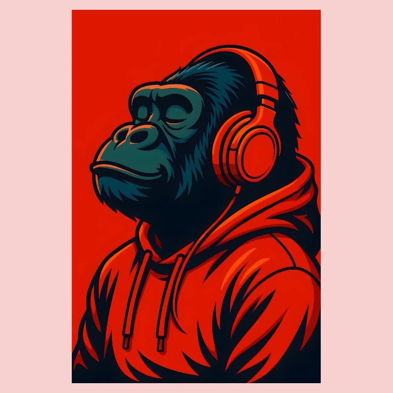 Gorilla im Kapuzenpullover mit Kopfhörern