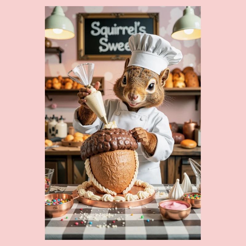 Chef écureuil humanoïde avec gâteau au chocolat