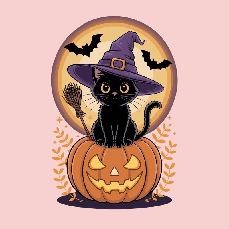 Witch cat with pumpkin view