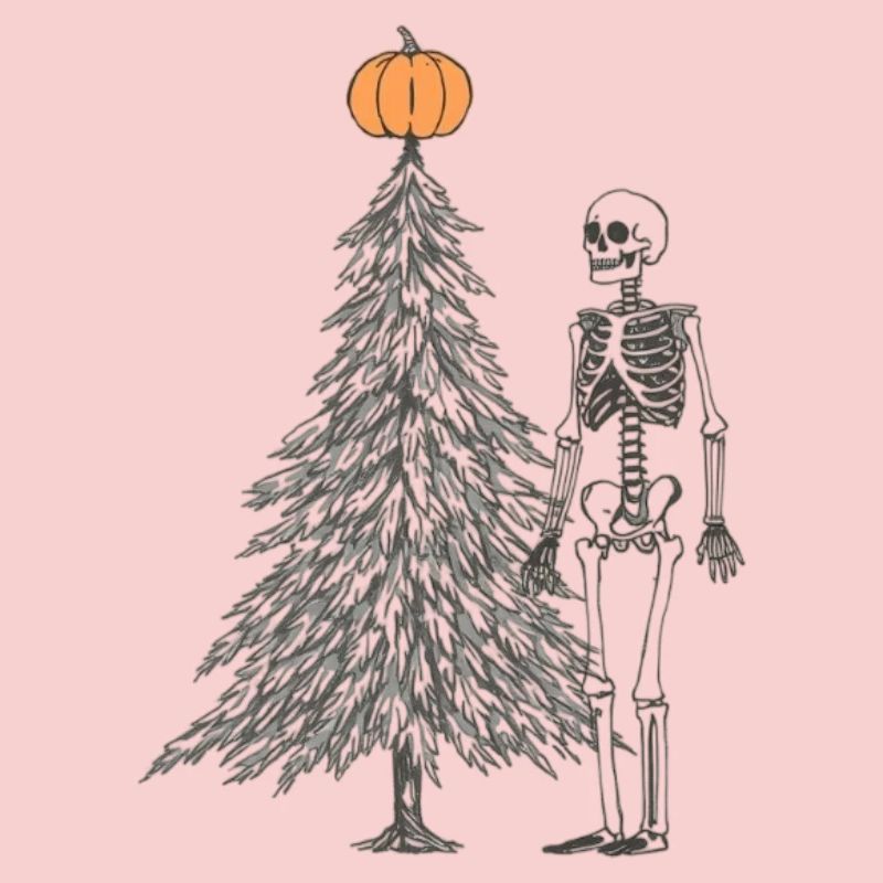 skeleton next to christmas tree