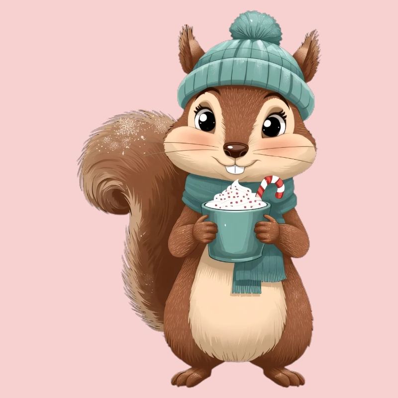 Winterliches Eichhörnchen mit Heißgetränk